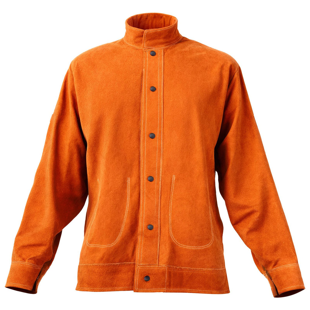 Flame-Resistant Welding Jacket - XL Size, Heavy Duty Cowhide Leather Welding Jacket, Waterproof Heat-Resistant Safety Jacket with Snap Buttons, 4 Pockets & Adjustable Cuffs for Welder Steelworks