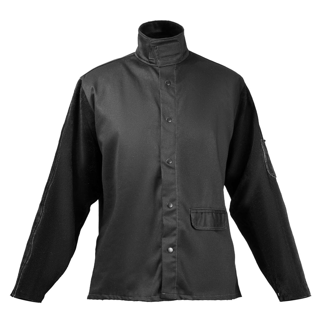 Flame Resistant Welding Jacket, Heavy Duty Split Cowhide Leather Sleeves + 9 oz. FR Pure Cotton Body, Heat-Resistant Welding Safety Jacket for Welder Fitters - XXL Size