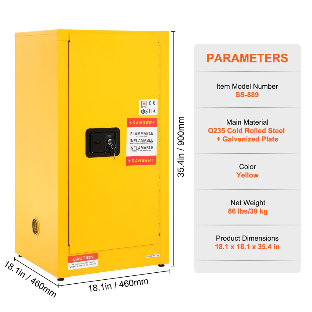 Flammable Safety Cabinet, 16 Gal, Cold-Rolled Steel Flammable Liquid Storage Cabinet, 18.1 x 18.1 x 35.4 in Explosion Proof with 2 Adjustable Shelves 1 Door for Commercial Industrial Use, Yellow