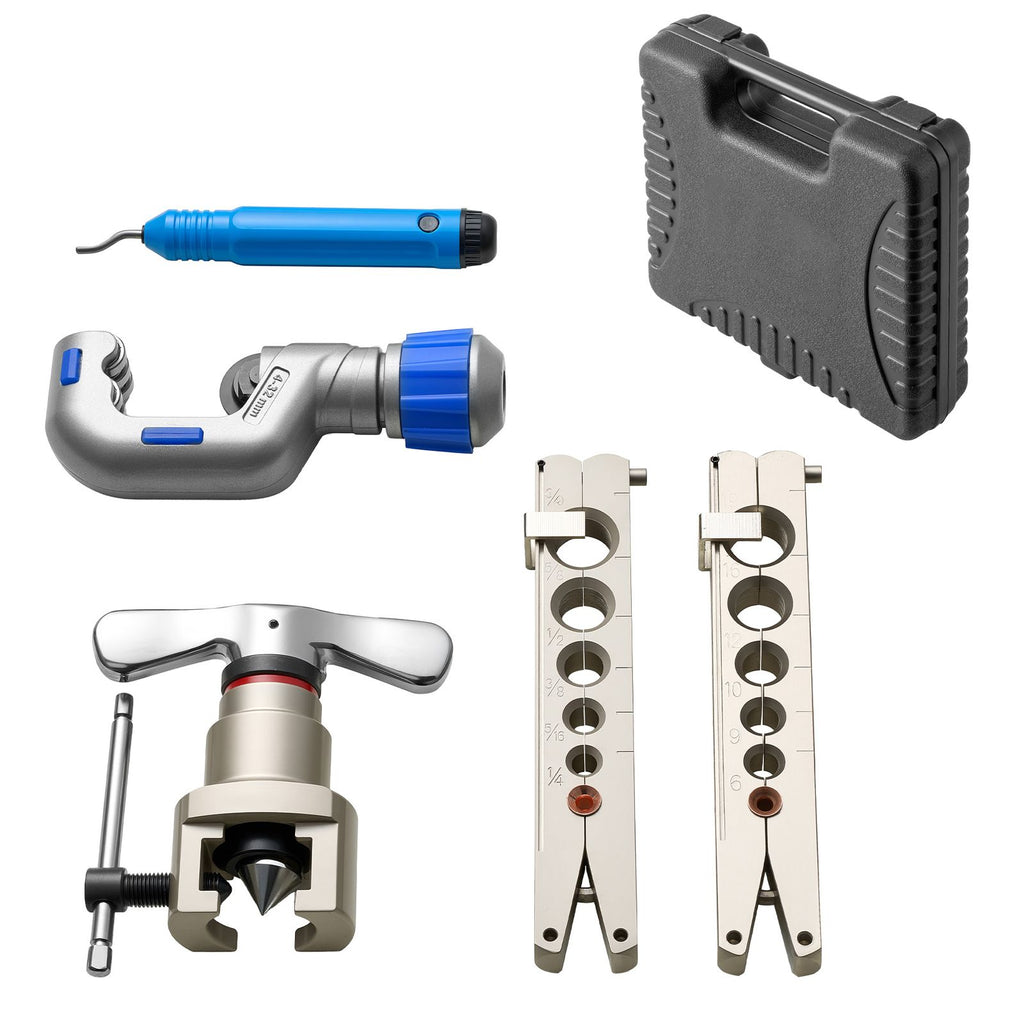Flaring Tool HVAC, 45° Eccentric Single Flaring Tool for 1/4"-3/4" & 6-19mm Copper Aluminum Tubes - with Metric & SAE Clamps, Tube Cutter & Toolbox for Refrigeration Air Conditioner Repair