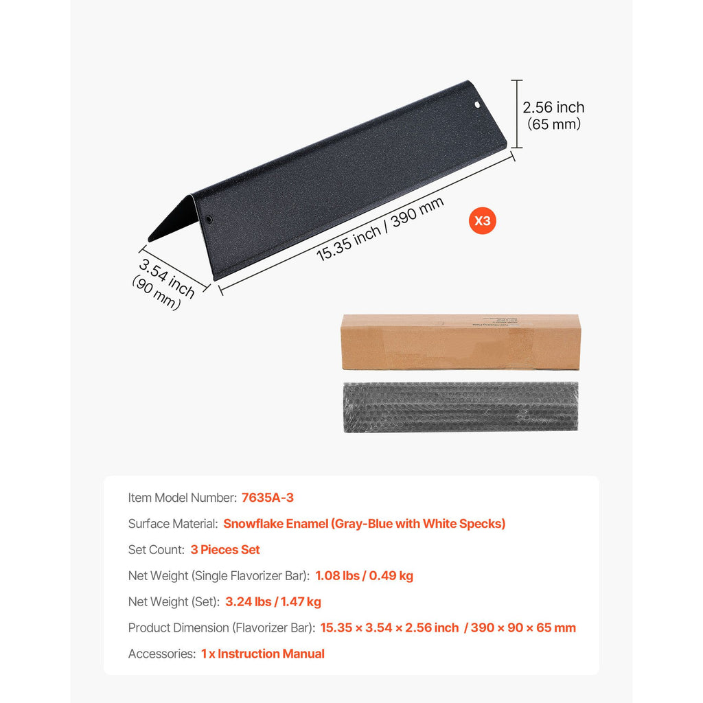 Flavorizer Bars, 15 in Grill Replacement Part, for Weber Spirit I & II 200 Series Grills, Including Spirit ll E-210, ll E-220, ll S-210, E-210, S-210, Porcelain-enameled Steel Heat Plate, 3 Pack