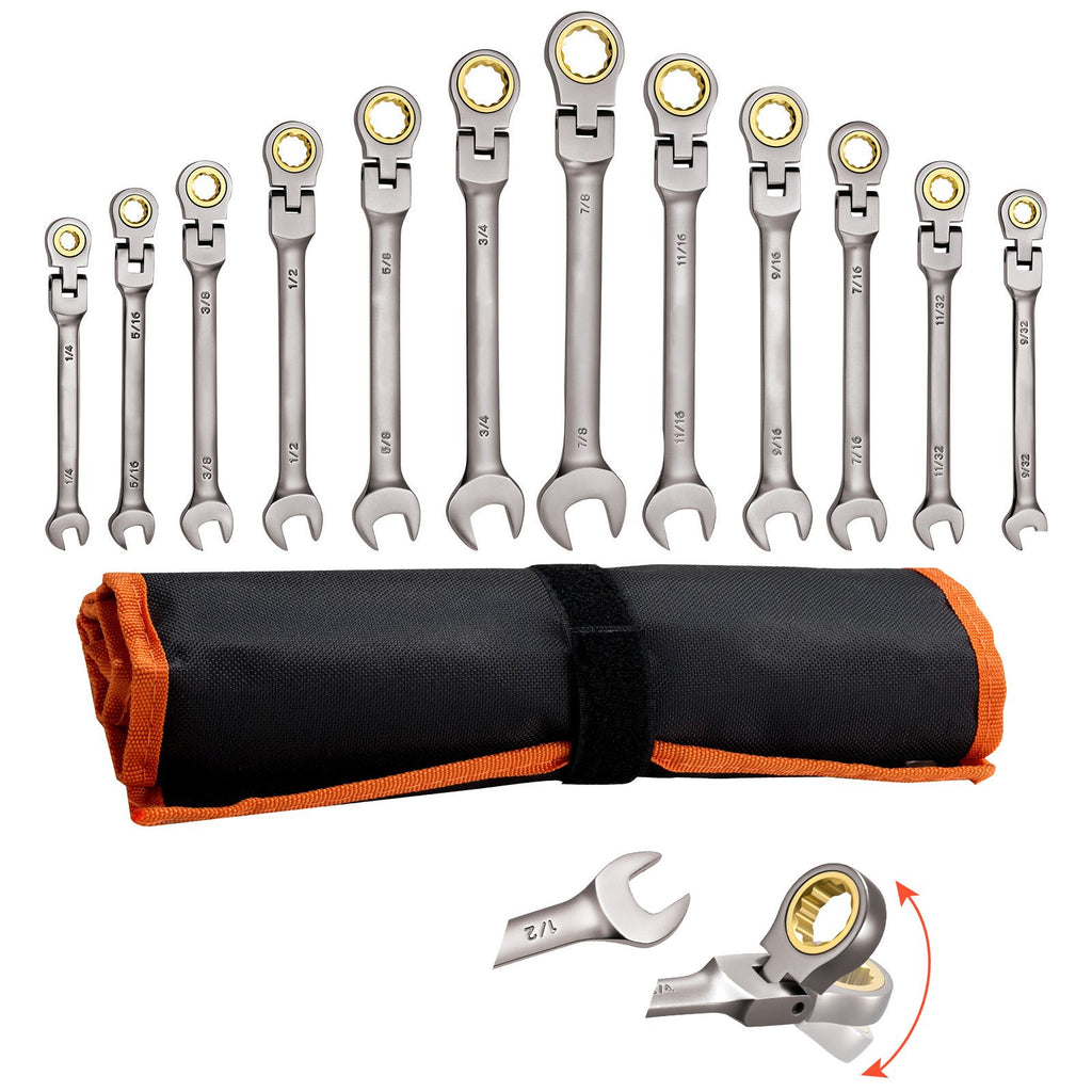 Flex-Head Ratcheting Wrench Set, 12-Piece SAE Sizes, 72 Teeth, Cr-V Steel Ratchet Flexible Combination Wrench Set with Roll Up Pouch, for General Household and Automotive Repairs, Gray Nickel