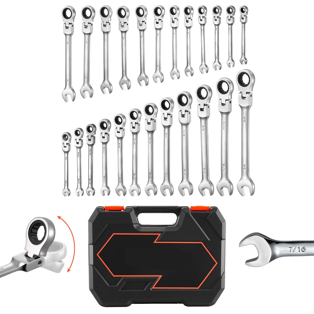 Flex-Head Ratcheting Wrench Set, 24-Piece SAE and Metric, 72 Teeth, Cr-V Steel Ratchet Flexible Combination Wrench Set with Storage Case, for General Household and Automotive Repairs, Silver