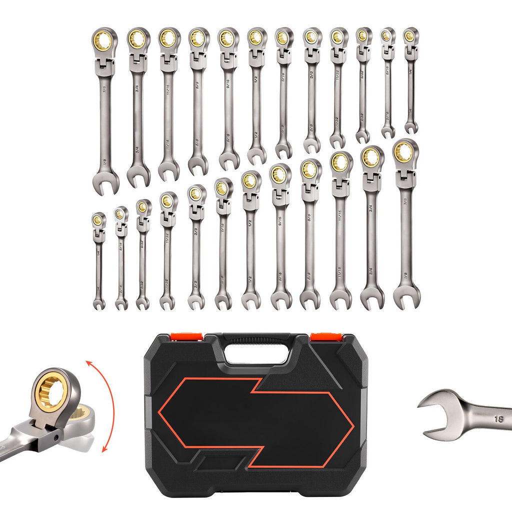 Flex-Head Ratcheting Wrench Set, 24-Piece SAE and Metric, 72 Teeth, Cr-V Steel Ratchet Flexible Combination Wrench Set with Storage Case, for General Household, Automotive Repairs, Gray Nickel