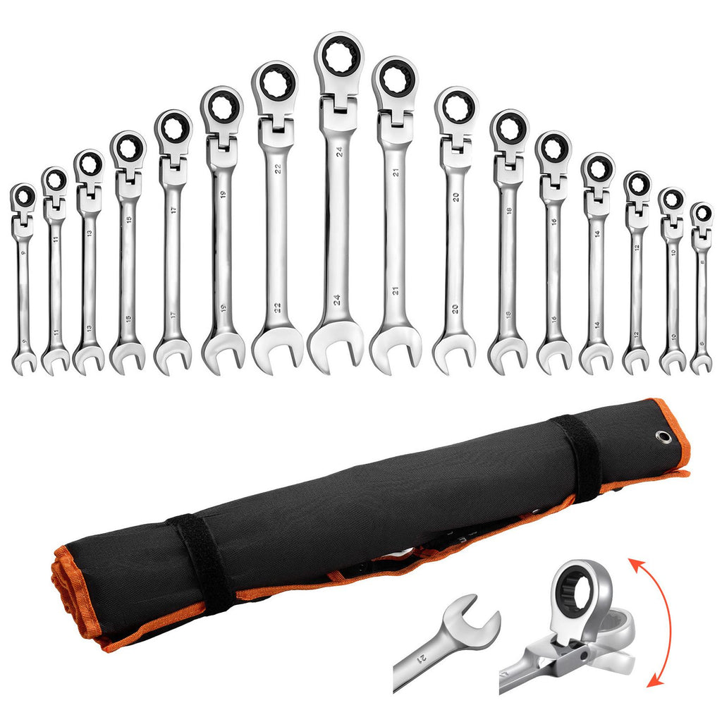 Flex-Head Ratcheting Wrench Set, 30-Piece SAE and Metric, 72 Teeth, Cr-V Steel Ratchet Flexible Combination Wrench Set with Roll Up Pouch, for General Household and Automotive Repairs, Silver