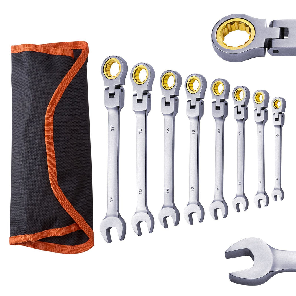 Flex-Head Ratcheting Wrench Set, 8-piece Combination Wrench Set with Roll-up Pouch, Cr-V Steel Flexible Ratcheting Wrench Set Metric 8 mm to 17 mm, Ideal for General Household, Auto Repairs