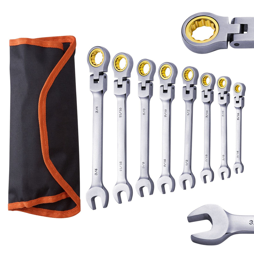 Flex-Head Ratcheting Wrench Set, 8-piece Combination Wrench Set with Roll-up Pouch, Cr-V Steel Flexible Ratcheting Wrench Set SAE 5/16" to 3/4", Ideal for General Household, Workshop, Garage