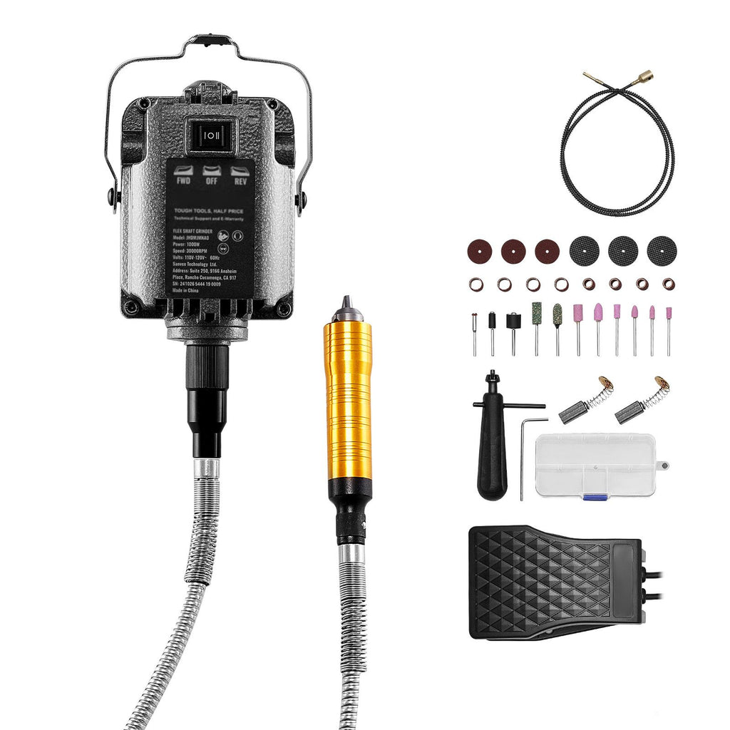 Flex Shaft Grinder, 1000W 30,000RPM Electric Flex Shaft Rotary Tool Carver, Multi-functional Hanging Grinding Machine with 31PCS Accessories & Foot Pedal for Carving Buffing Drilling Polishing