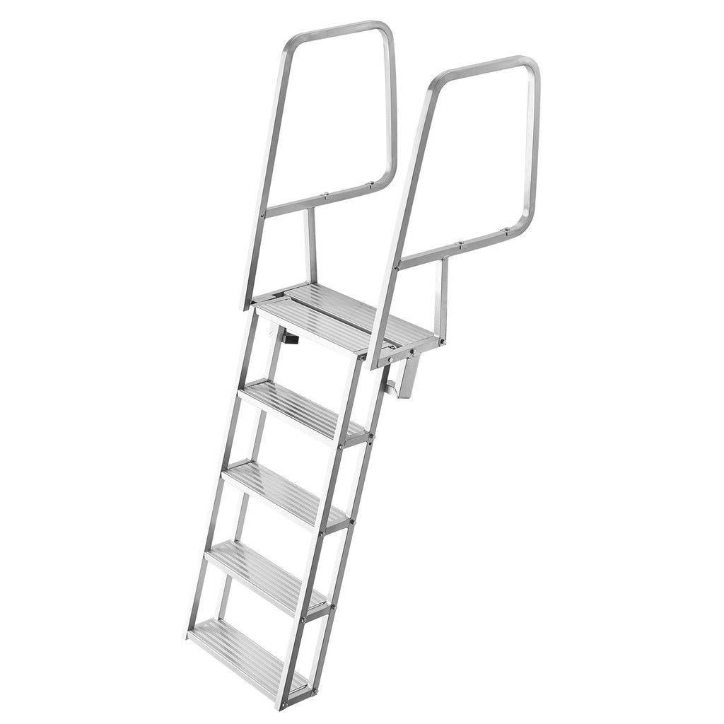 Flip-Up Dock Ladder, 5-Step, Heavy-Duty Aluminum Alloy Pontoon Boat Swim Ladder, with Non-Slip Wide Steps, 350 lbs Weight Capacity, Pull Rope Assist, Comfort Use for Lake Pool Marine Boarding