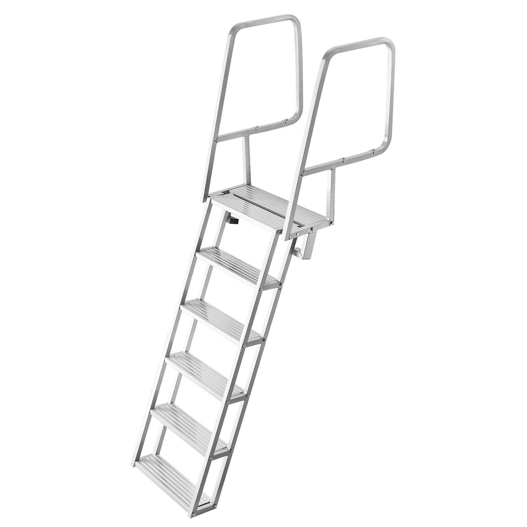 Flip-Up Dock Ladder, 6-Step, Heavy-Duty Aluminum Alloy Pontoon Boat Swim Ladder, with Non-Slip Wide Steps, 350 lbs Weight Capacity, Pull Rope Assist, Comfort Use for Lake Pool Marine Boarding