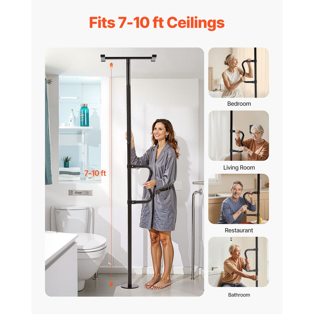 Floor-to-Ceiling Transfer Pole, Tension Mounted Bathroom Grab Bar with Anti-Slip Curve Handle, 300 Lbs Capacity Security Pole for Elderly, Ideal Senior Safety Pole for 7-10 Ft Ceilings, Black