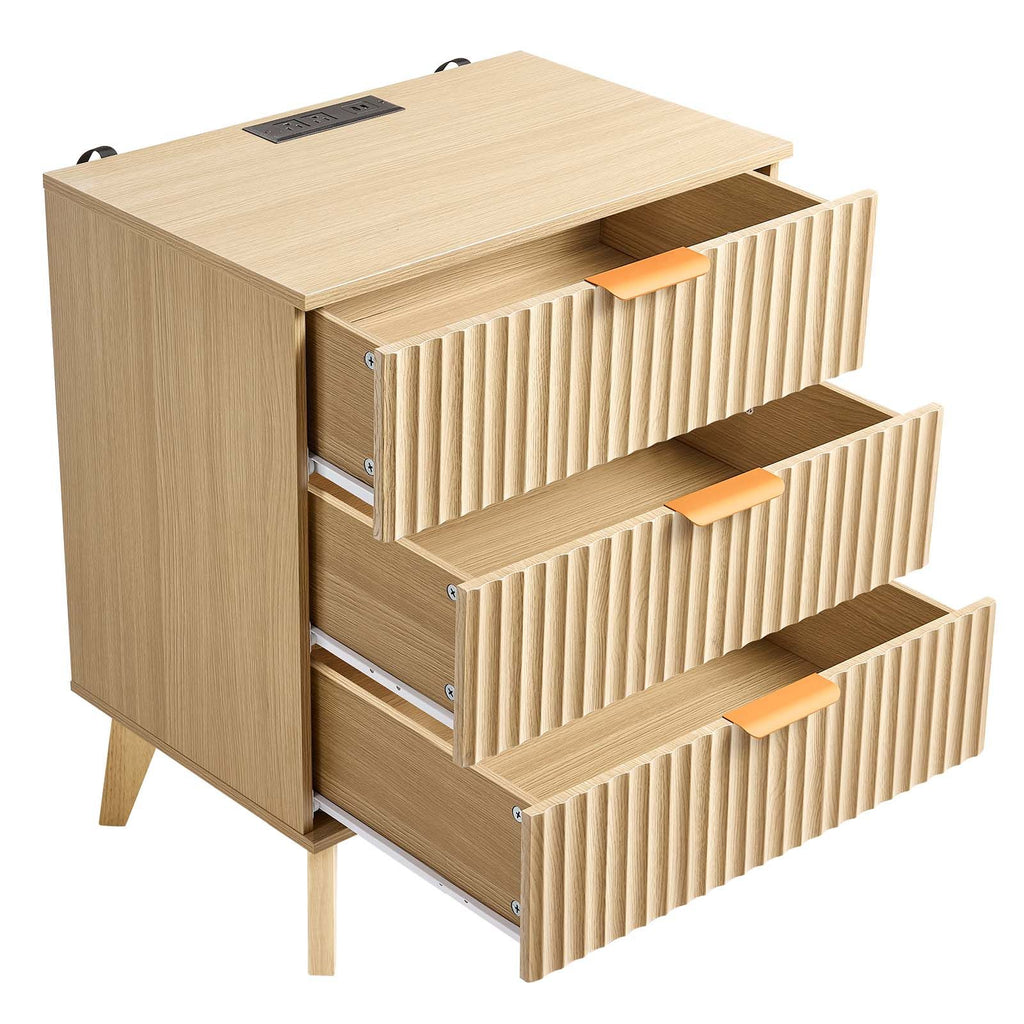 Fluted Nightstand with Charging Station, with 3 Drawers, Dresser for Bedroom, Mid Century Modern End Table, Bedside Storage Cabinet Side Table Chest of Dresser, for Bedroom, Living Room, Khaki