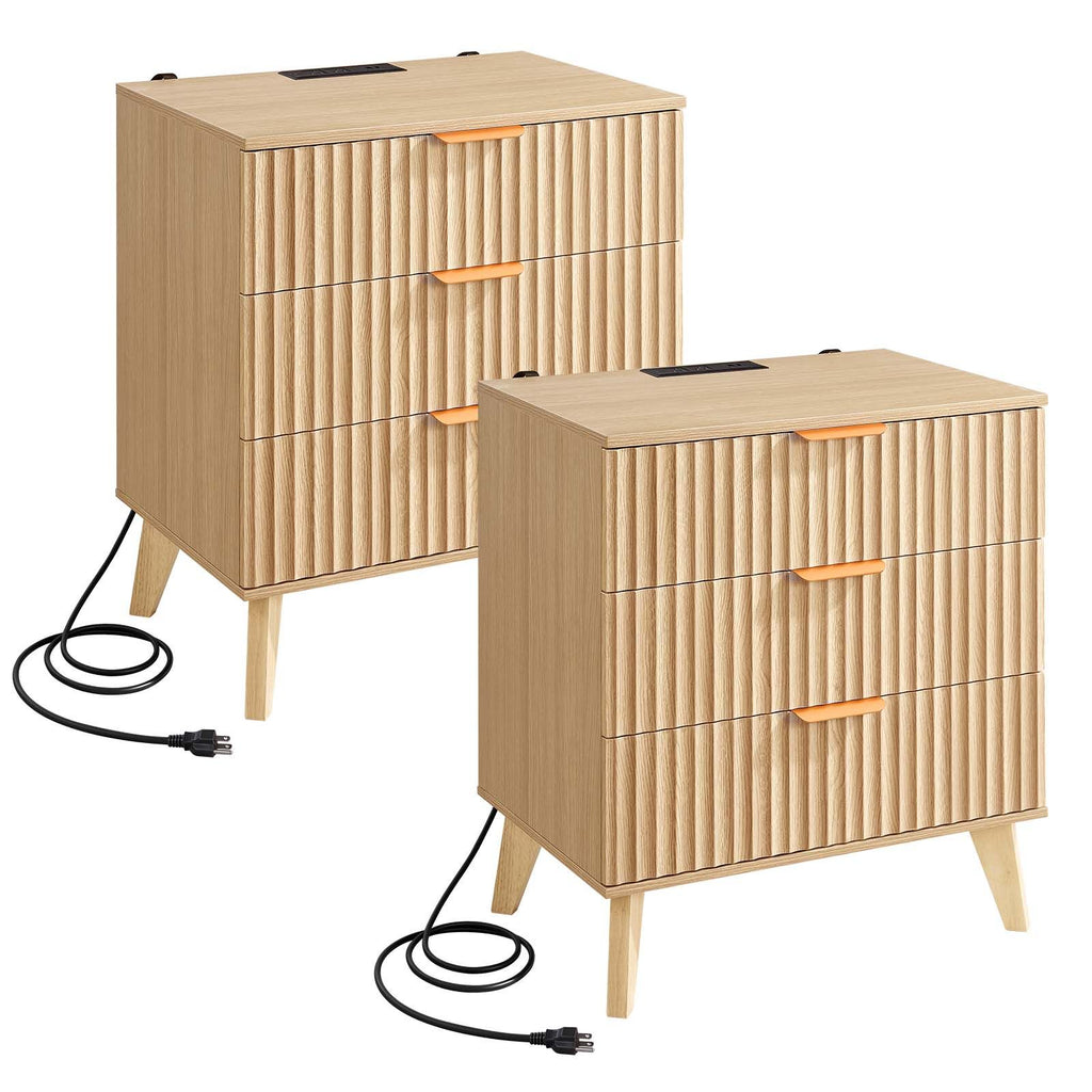 Fluted Nightstands with Charging Station, Set of 2, Dresser for Bedroom with 3 Drawers, Mid Century Modern End Table, Bedside Cabinet Side Table Chest of Dresser, for Bedroom, Living Room, Khaki