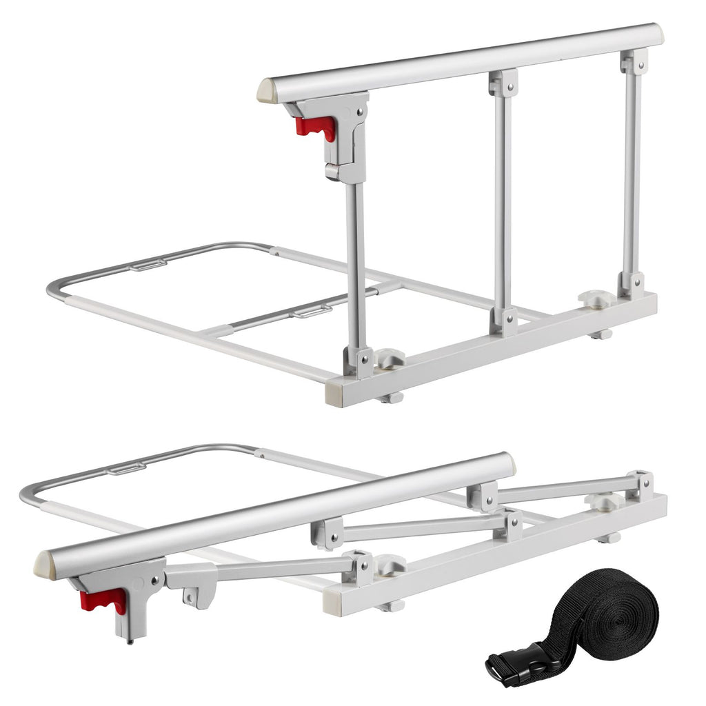 Foldable Bed Rail for Elderly, 28 in Bedside Assist Rail with Fixing Strap, Adjustable Height Pipe Bedside Cane, High-Strength Metal Senior Bed Bar, Hand Guard Grab Fits King, Queen, Full, Twin