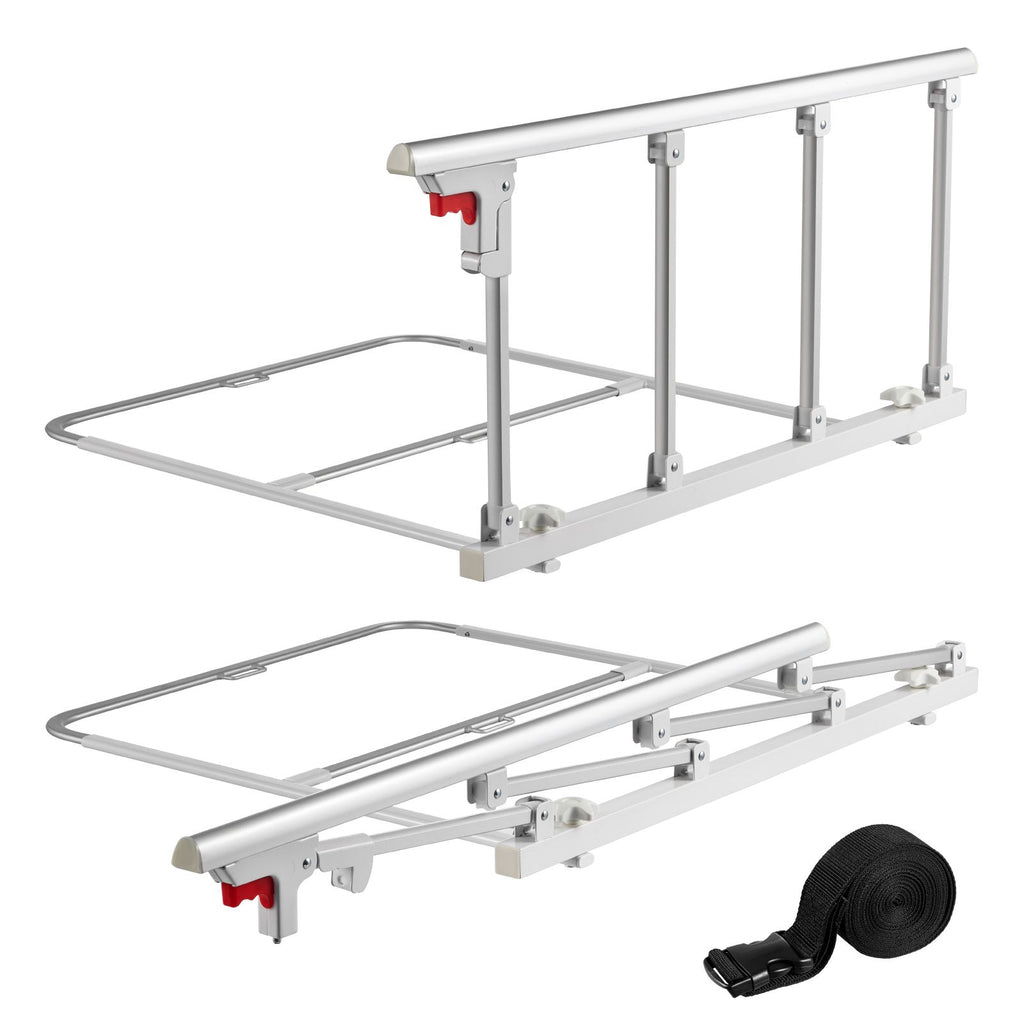 Foldable Bed Rail for Elderly, 38 in Bedside Assist Rail with Fixing Strap, Adjustable Height Pipe Bedside Cane, High-Strength Metal Senior Bed Bar, Hand Guard Grab Fits King, Queen, Full, Twin