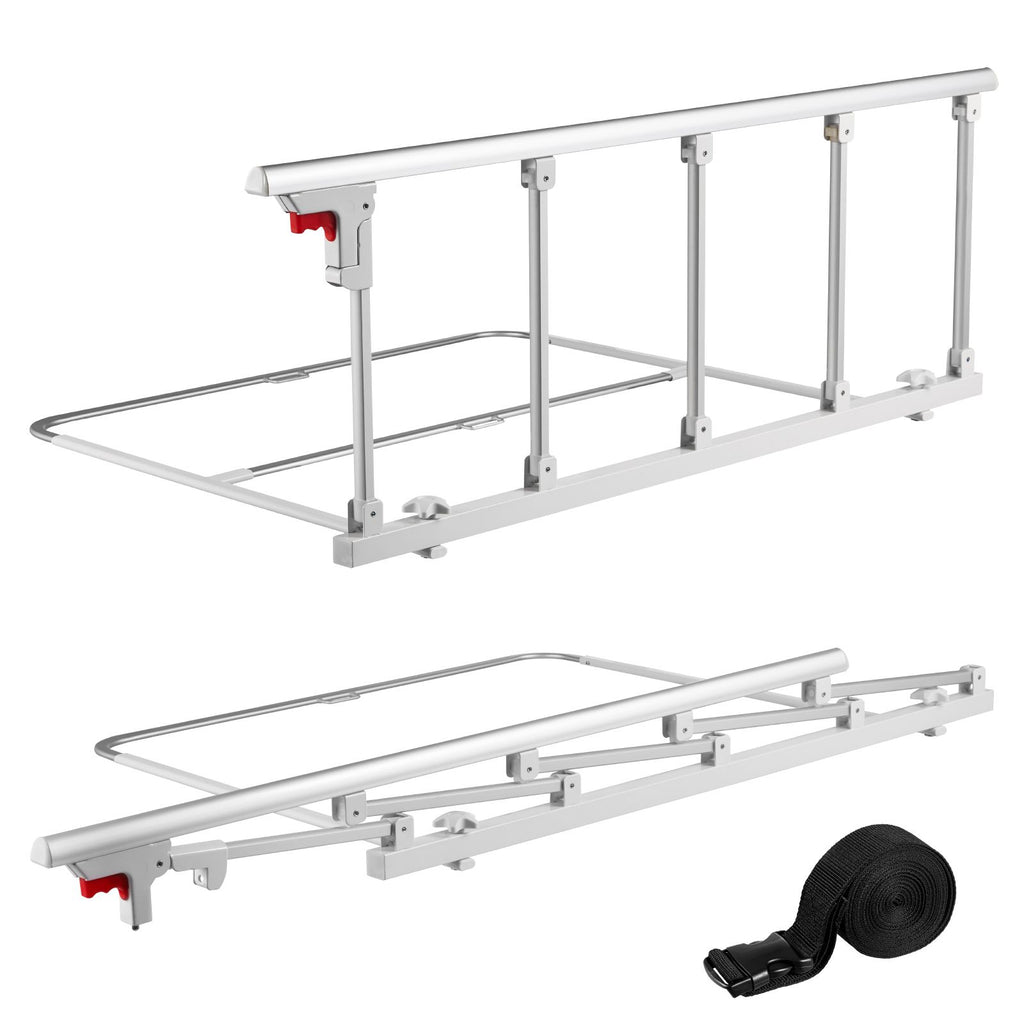 Foldable Bed Rail for Elderly, 48 in Bedside Assist Rail with Fixing Strap, Adjustable Height Pipe Bedside Cane, High-Strength Metal Senior Bed Bar, Hand Guard Grab Fits King, Queen, Full, Twin