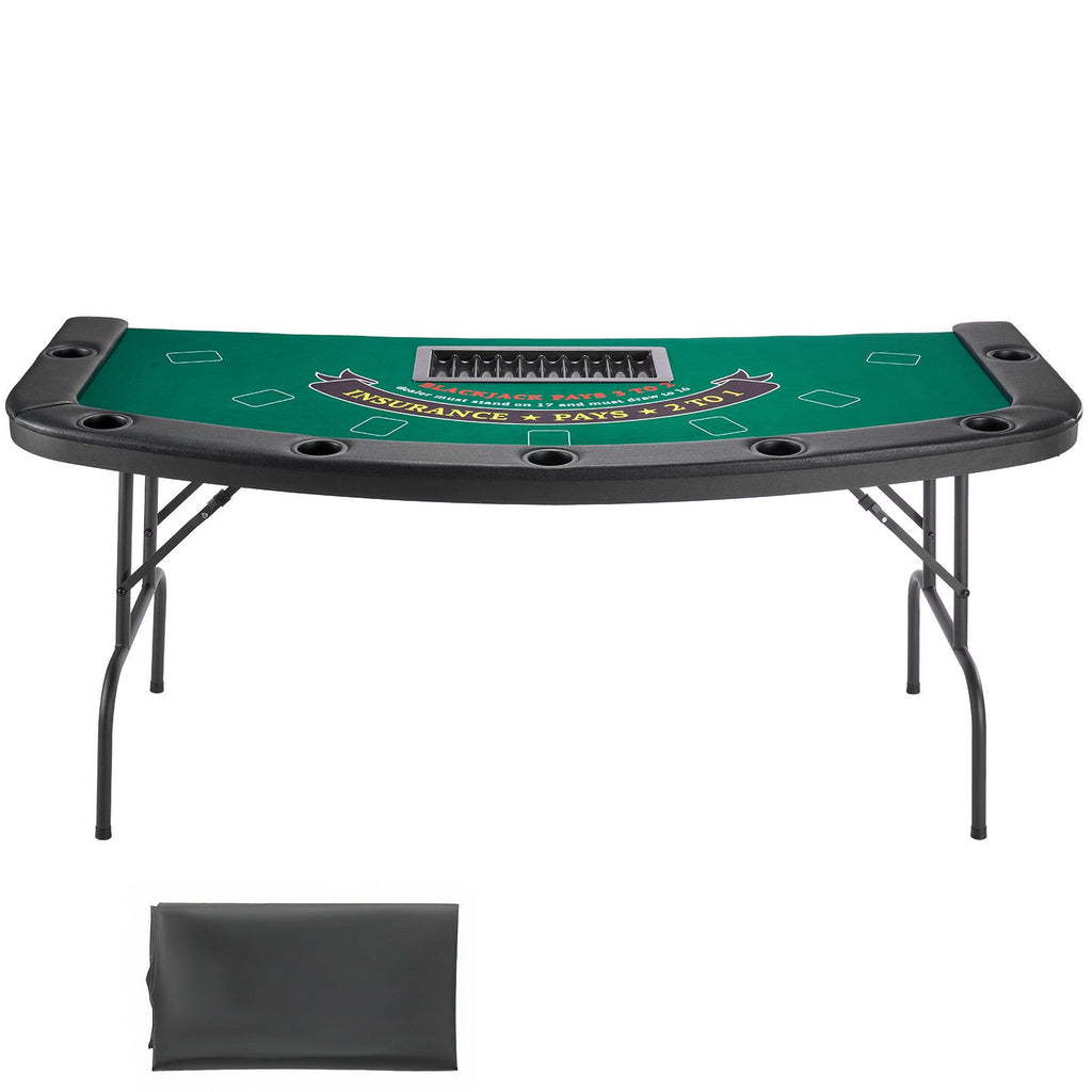Foldable Poker Table, 7 Player 72 in Folding Casino Leisure Table with Padded Rails & Cup Holders, Semi-oval Portable Game Tables with Felt & Metal Legs, for Texas Hold'em Game and Blackjack