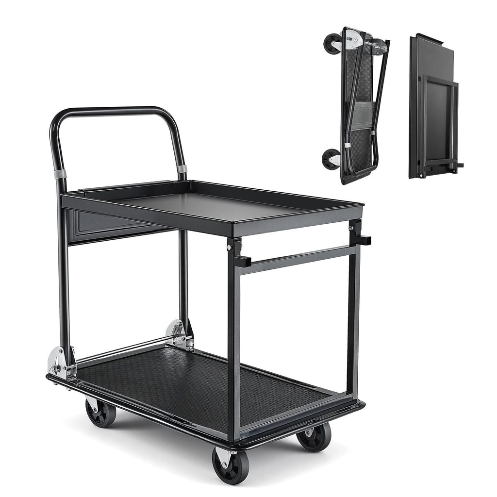 Foldable Push Cart Dolly, 700 lbs, Heavy Duty Platform Hand Truck with Wheels, High-Strength Steel, 2 Tier Moving Flatbed Cart, for Warehouse, Garage, Workshop, Office, 28.7 x 18.5 x 32.3 in