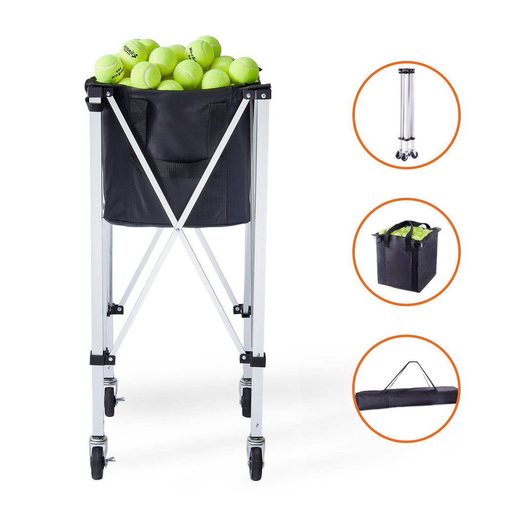 Foldable Tennis Ball Hopper, Holds 180 Tennis Balls, Lightweight Aluminum Alloy Tennis Ball Basket Cart with Wheels, Removable Bag, Carry Bag, Portable Sports Teaching Cart for Tennis Player