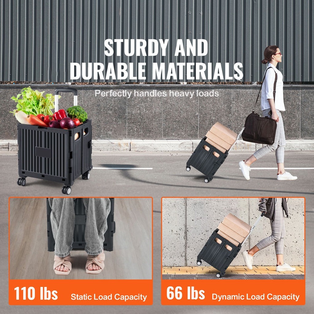 Foldable Utility Cart, 110 lbs Load Capacity, Folding Portable Rolling Crate Handcart with Heavy Duty Telescoping Handle and 4 Rotate Wheels for Travel Shopping Moving Luggage Office Use, Black