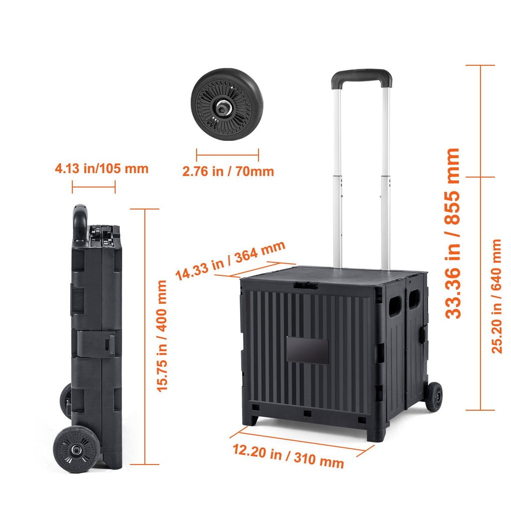 Foldable Utility Cart, 80 lbs Load Capacity, Folding Portable Rolling Crate Handcart with Durable Heavy Duty Telescoping Handle and 2 Wheels for Travel Shopping Moving Luggage Office Use, Black image 2