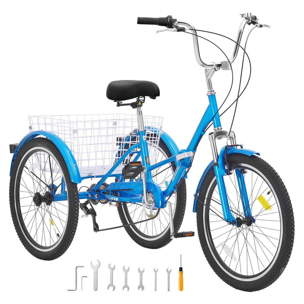 Folding Adult Tricycle, 24-Inch 7-Speed Adult Folding Trikes, Carbon Steel 3 Wheel Cruiser Bike with Basket & Adjustable Seat, Shopping Picnic Foldable Tricycles for Women, Men, Seniors (Blue)