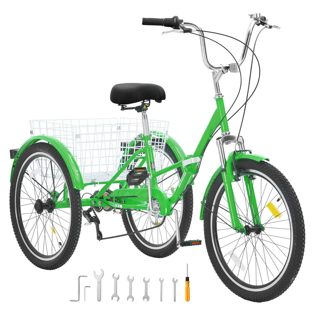 Folding Adult Tricycle, 24-Inch 7-Speed Adult Folding Trikes, Carbon Steel 3 Wheel Cruiser Bike with Basket & Adjustable Seat, Shopping Picnic Foldable Tricycles for Women, Men, Seniors (Green)