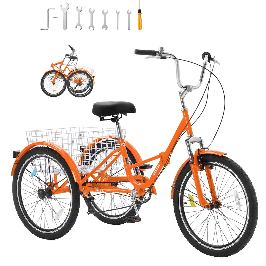 Folding Adult Tricycle, 24-Inch 7-Speed Adult Folding Trikes, Carbon Steel 3 Wheel Cruiser Bike with Basket & Adjustable Seat, Shopping Picnic Foldable Tricycles for Women, Men, Seniors (Orange)