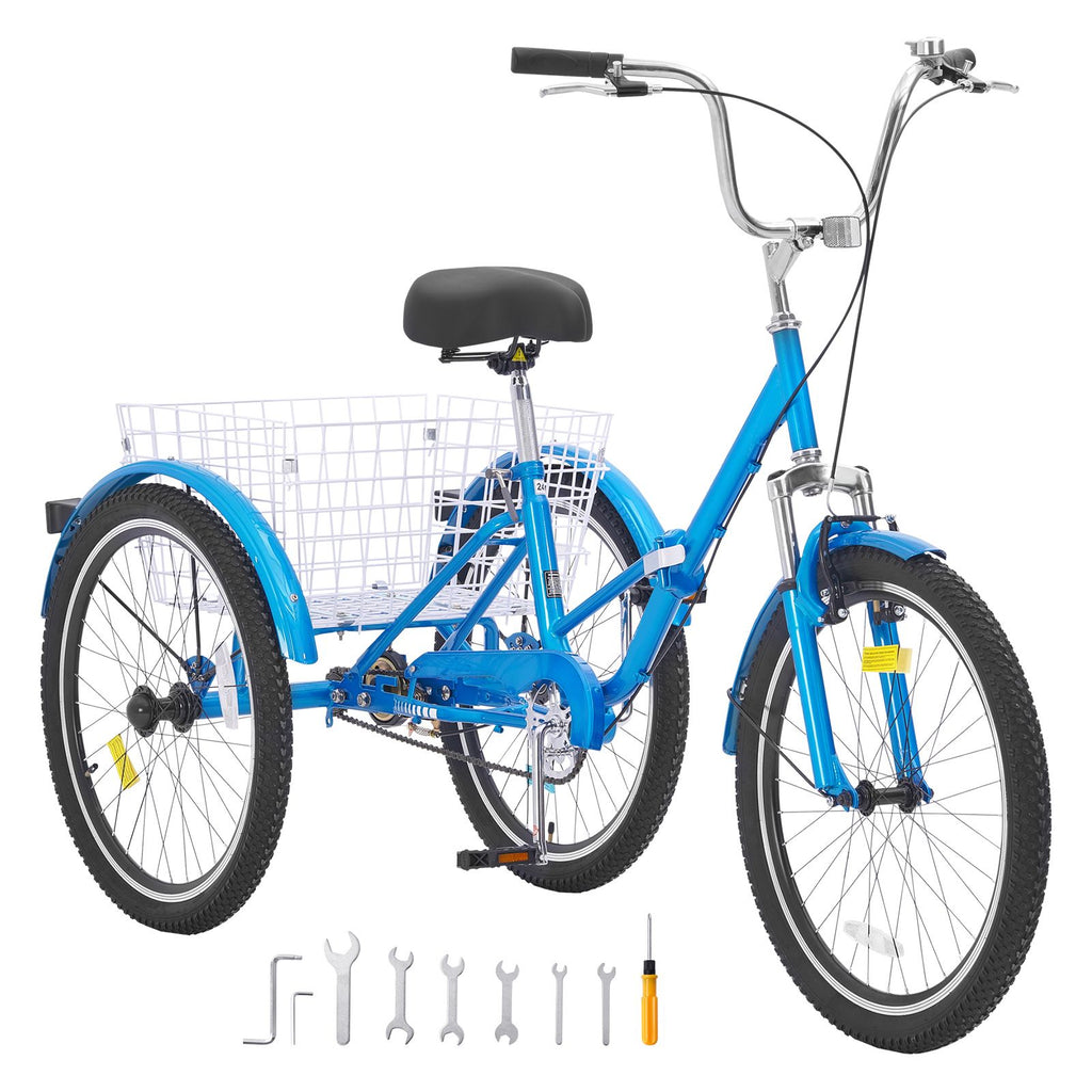 Folding Adult Tricycle, 24-Inch Adult Folding Trikes, Carbon Steel 3 Wheel Cruiser Bike with Large Basket & Adjustable Seat, Shopping Picnic Foldable Tricycles for Women, Men, Seniors (Blue)
