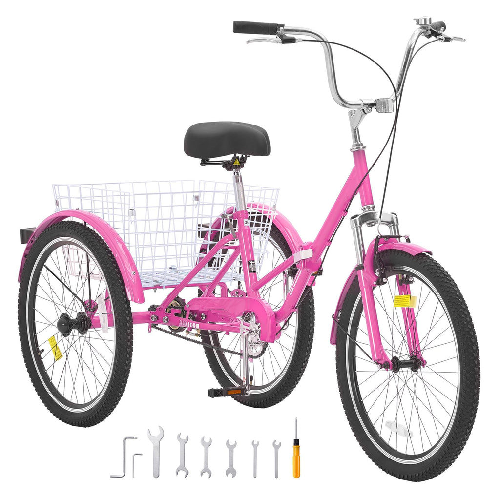Folding Adult Tricycle, 26-Inch Adult Folding Trikes, Carbon Steel 3 Wheel Cruiser Bike with Large Basket & Adjustable Seat, Shopping Picnic Foldable Tricycles for Women, Men, Seniors (Pink)