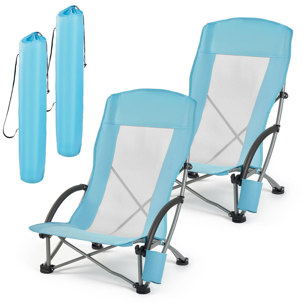 Folding Beach Chair, High Back Camping Chairs for Adults, with Cup Pocket, Mesh Back, Carry Bag, Portable Extra Wide Seat Chair 330 lbs Heavy Duty Support, for Outdoor, Camp, Light Blue, 2 Pack