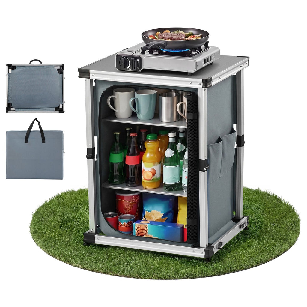 Folding Camping Storage Cabinet, Outdoor Portable Aluminum Lightweight Table, Quick Set-up Compact Kitchen Cook Station, with 3 Shelves and Carry Bag, for Picnic, BBQ, Camping, RV Traveling