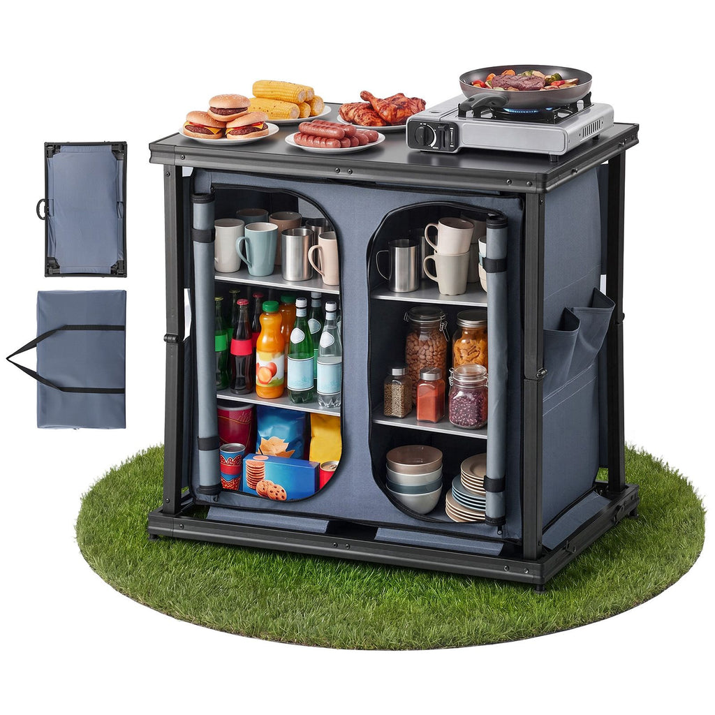 Folding Camping Storage Cabinet, Outdoor Portable Aluminum Lightweight Table, Quick Set-up Compact Kitchen Cook Station, with 6 Shelves and Carry Bag, for Picnic, BBQ, Camping, RV Traveling