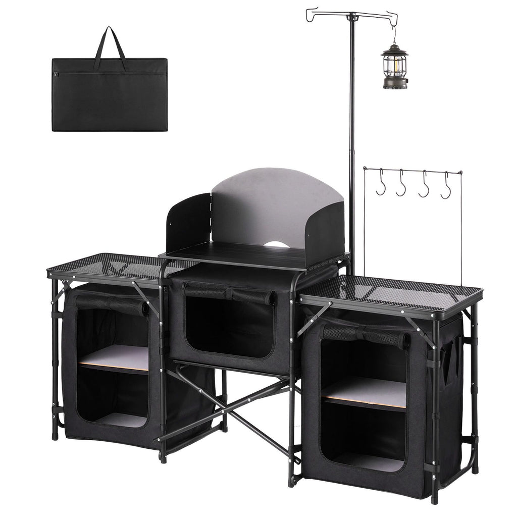 Folding Camping Table, Outdoor Portable Table, Quick Set-up Kitchen Cook Station, with Storage Organizer, Telescoping Legs, a Detachable Windscreen, Carrying Bag, for Picnic BBQ RV Traveling