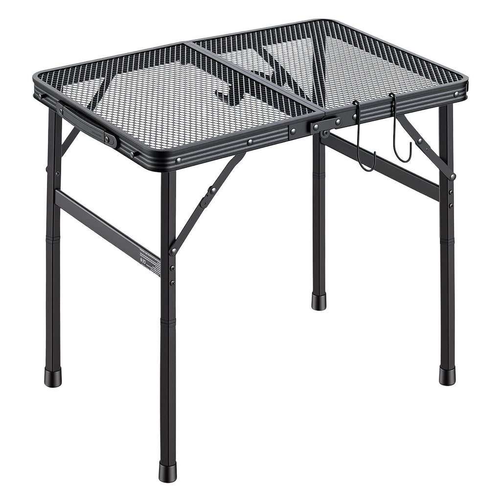 Folding Grill Table 24x16 in Camping Tables 90 lbs Capacity Aluminum, Lightweight Compact for Picnic BBQ Tailgating, Adjustable Height, Outdoor Side Stand with Portable Handle, Black Metal Mesh