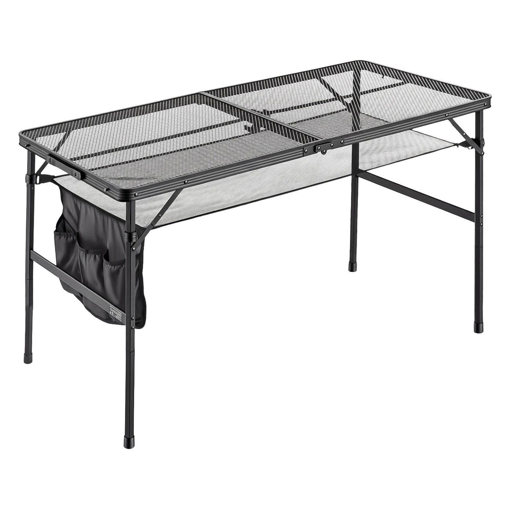 Folding Grill Table 48x24 in Camping Tables 120lbs Capacity Aluminum, Compact for Picnic BBQ Tailgating, Adjustable Height, Outdoor Side Stand with Side Pocket, Portable Handle, Black Metal Mesh