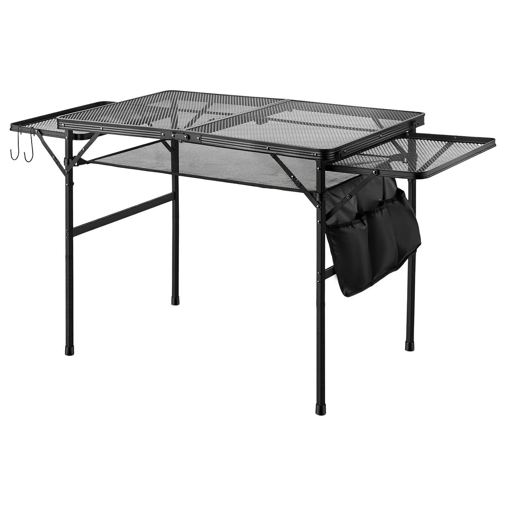 Folding Grill Table with 2 Wing Panel 36x24in Camping Station 120lbs, for Picnic BBQ Tailgating, Adjustable Height, 2 Tier Outdoor Aluminum Side Stand with Side Pocket, Mesh Net, Portable Handle