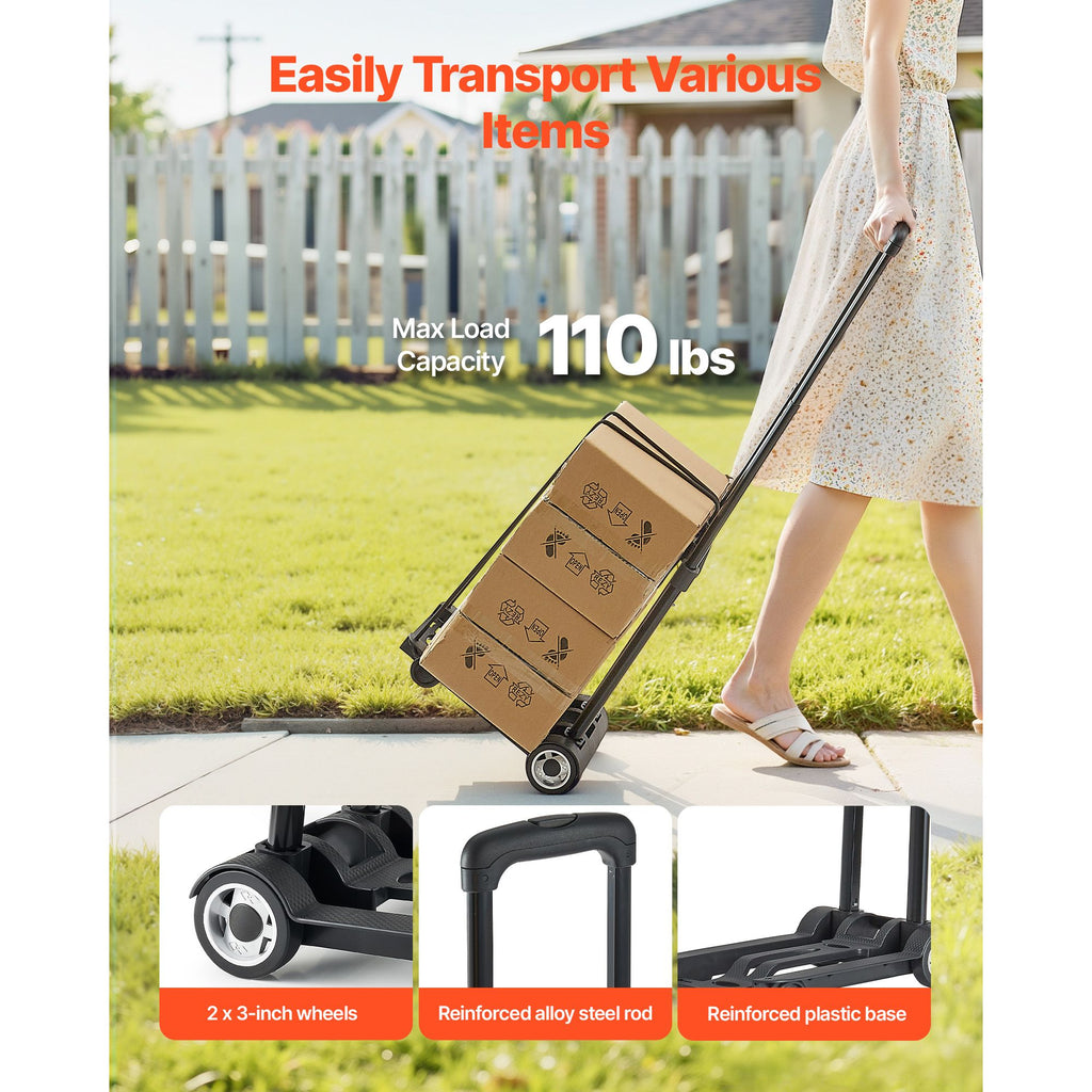 Folding Hand Truck, 110 lbs Load Capacity, Collapsible Luggage Cart with 2 Wheels & 1 Elastic Rope, Utility Dolly Platform Cart for Airport Travel Furniture Luggage Office Moving, Black image 2
