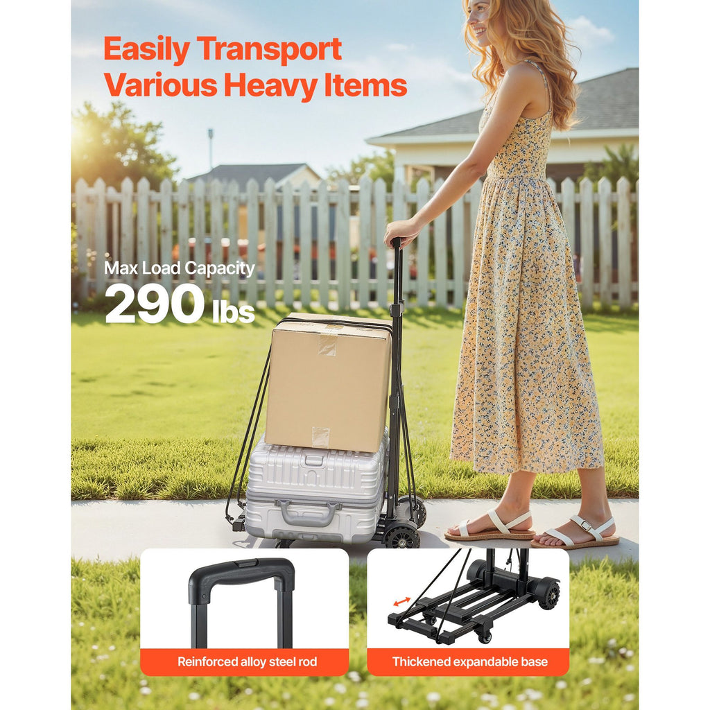 Folding Hand Truck, 290 lbs Load Capacity, Collapsible Luggage Cart with 4 Wheels, 2 Elastic Ropes & Expandable Base, Utility Dolly Platform Cart for Airport Travel Luggage Office Moving, Black