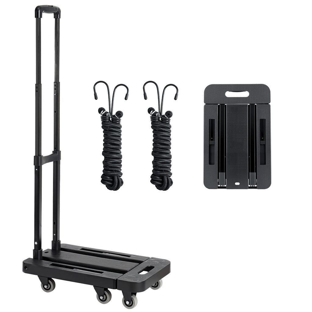 Folding Hand Truck, 500 lbs Load Capacity, Collapsible Luggage Cart with 6 Wheels, 2 Elastic Ropes & Expandable Base, Utility Dolly Platform Cart for Airport Travel Luggage Office Moving, Black