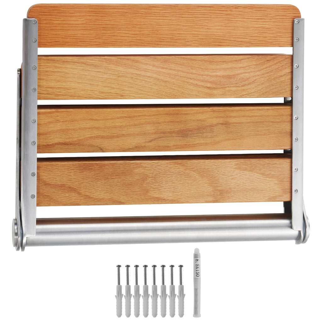 Folding Oak Shower Seat, 16.1" x 13.4" Unfolded, Wall Mounted Fold Up Shower Bench with 440 lbs Load Capacity, Space Saving Home Care Fold Down Shower Chair, for Seniors Pregnant Women Children