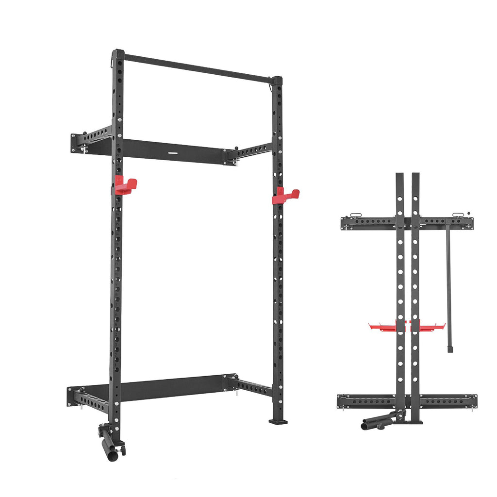 Folding Power Cage, Wall-Mounted Power Rack Squat Rack, Multifunctional Strength Training Workout Equipment with Landmine Holder, Adjustable J-Hooks & Pull-Up Bar for Home Gym, 1000LBS Capacity