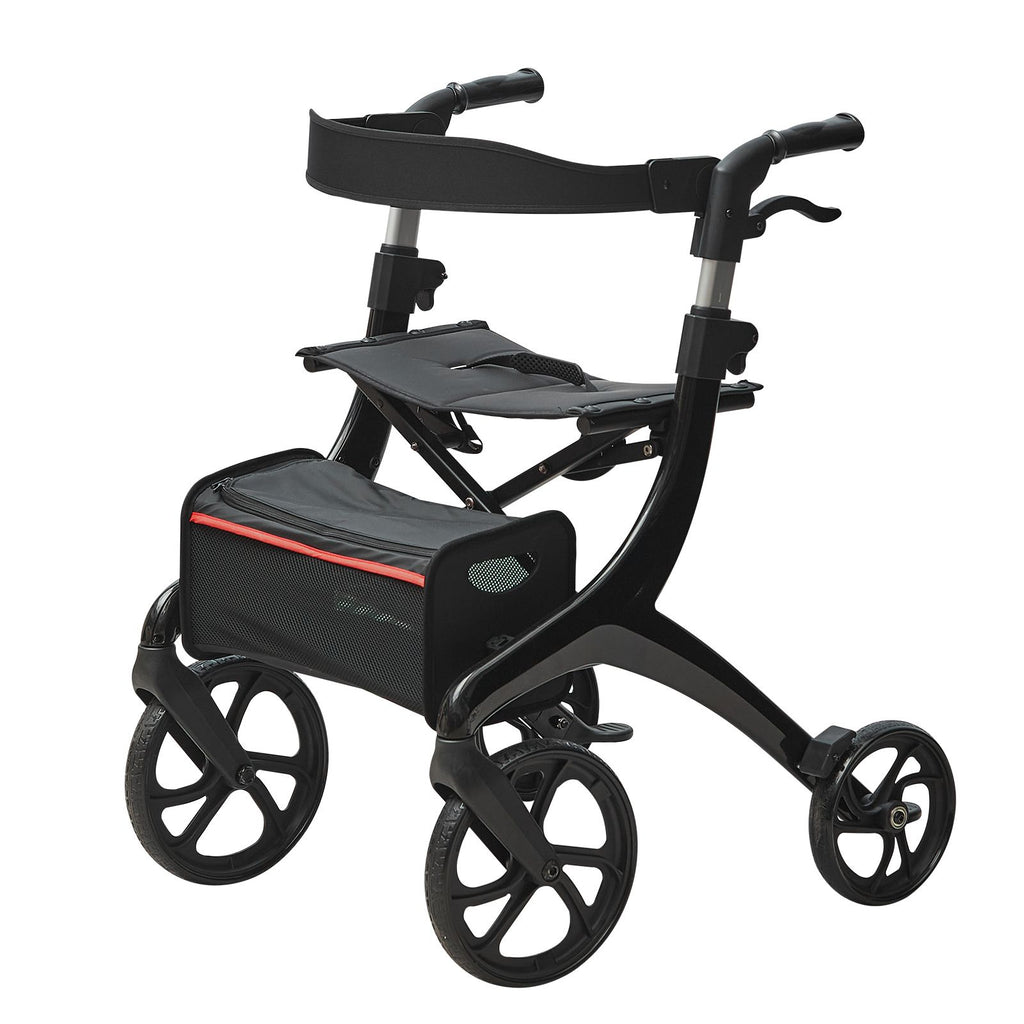 Folding Rollator Walker for Seniors and Adults, Lightweight Aluminum Rolling Walker with Seat and Adjustable Handle, 4-Wheel Outdoor Mobility Walker with Spacious Storage Bag, 300LBS Capacity