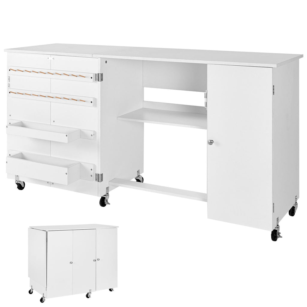 Folding Sewing Table, Multipurpose Sewing Machine Table with Cabinet, Compact Design, Wheels, Wooden Pegs, Storage Trays and Shelf, Magnetic Door, Craft Station and Side Desk for Home, White