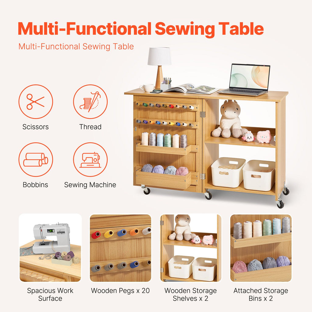 Folding Sewing Table, Multipurpose Sewing Machine Table with Compact Design, Wheels, Shelves, Storage Trays, Wooden Pegs, and Magnetic Doors, Sewing Desk Cabinet for Sewing Machine, Wood Color image 2