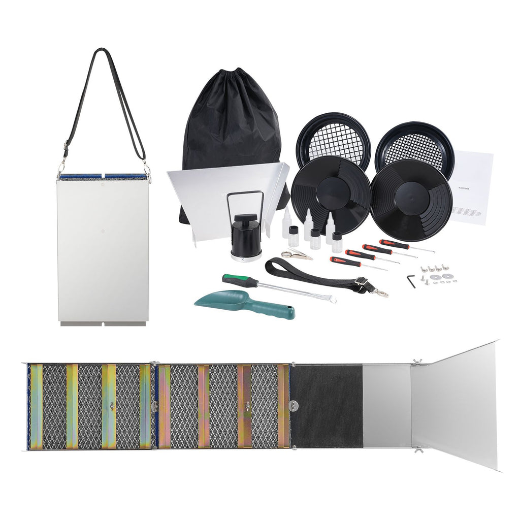 Folding Sluice Box Gold Panning Kit, 50 Inch 23pc Gold Prospecting Equipment Kit with Gold Pan, Classifier Screen, Separating Magnet, Backpack and More