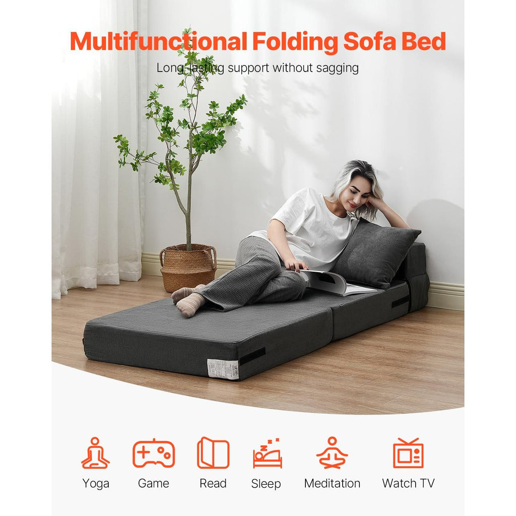 Folding Sofa Bed, 3-in-1 Foldable Couch Bed with 2 Pillows and Washable Cover, 25D High Density Memory Foam Convertible Sleeper Chair Bed, Futon Couch for Living Room, Bedroom, Dark Grey(Single)