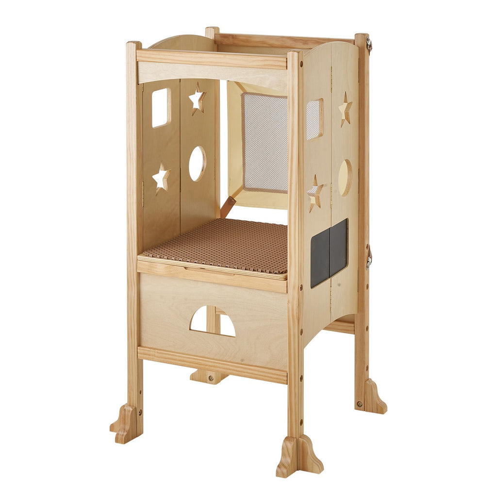 Folding Step Stool for Toddlers, Adjustable 3-Height Kids Kitchen Step Stool, Solid Wood Children's Learning Tower with Safety Guard, Versatile for Kitchen, Bedroom, Bathroom