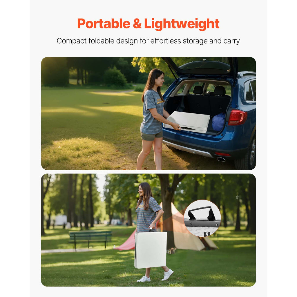 Folding Table, 4 Ft Heavy Duty Portable Fold-in-Half Utility Table, Indoor Outdoor Plastic Rectangle Table with Adjustable Height and Built in Handle, for Party, Dining, Picnic, Camping, White