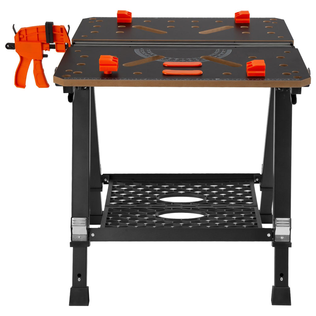 Folding Work Table, 2-in-1 as Sawhorse & Workbench, 1000 lbs Capacity, 7 Adjustable Heights, Steel Legs, Portable Foldable Tool Stand with Wood Clamp, 4 Bench Dogs, 2 Hooks, Easy Garage Storage